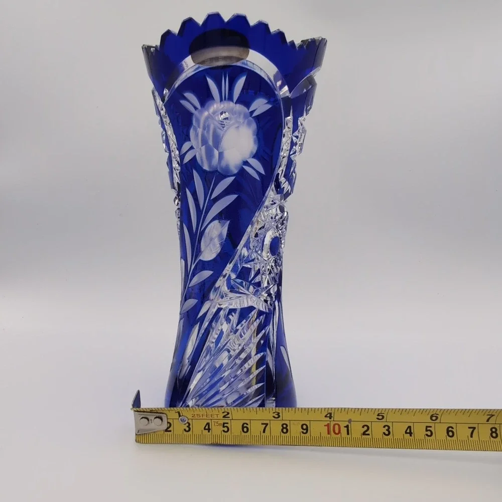 Vintage German Cobalt Blue Cut to Clear 24% Lead Crystal Rose Vase 8